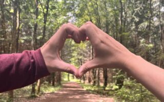 Zwei Hände formen gemeinsam ein Herz vor einem Waldweg – Zeit zu zweit als Paar