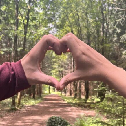 Zwei Hände formen gemeinsam ein Herz vor einem Waldweg – Zeit zu zweit als Paar