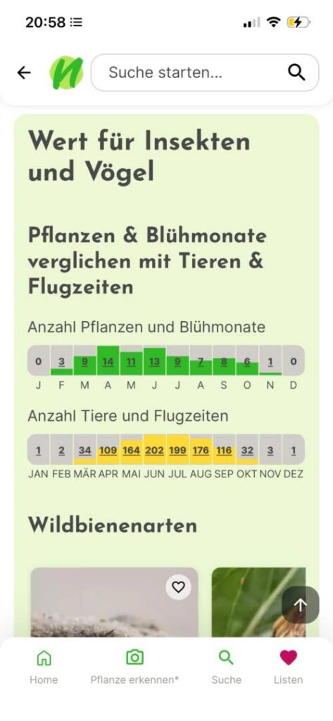 Screenshot der NaturDB App mit Übersicht der Blühmonate und Flugzeiten von Insekten und Vögeln im geplanten Garten