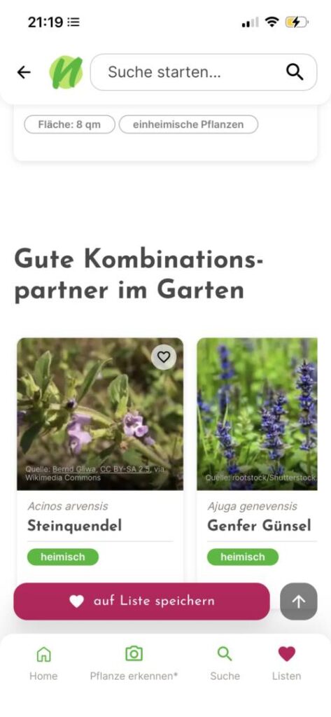 Screenshot der NaturDB App mit Vorschlägen guter Kombinatsionspartner bzw. Nachbarn im Garten