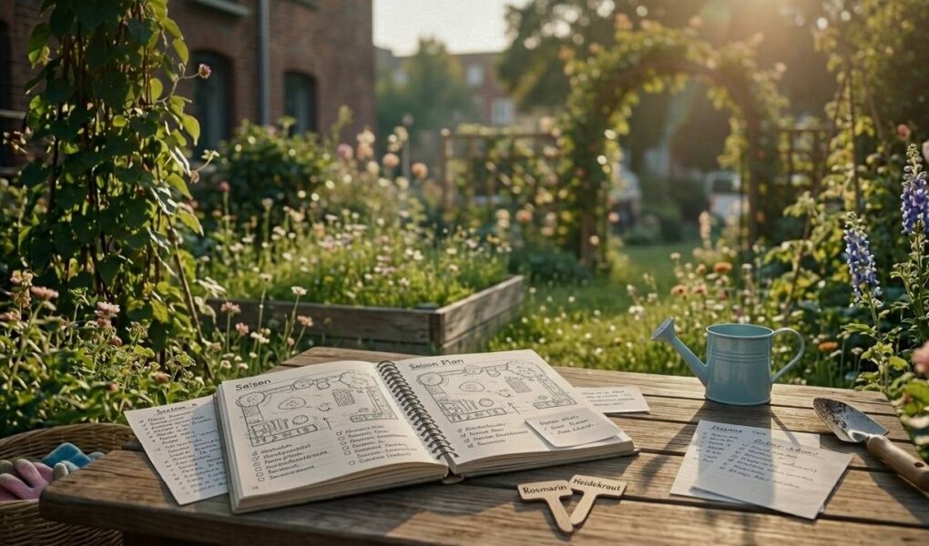 Gartenplanung für Anfänger – handgeschriebener Gartenplan im Notizbuch