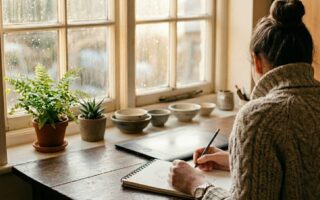 Person von hinten am Schreibtisch beim Skizzieren eines Kinderbuchs