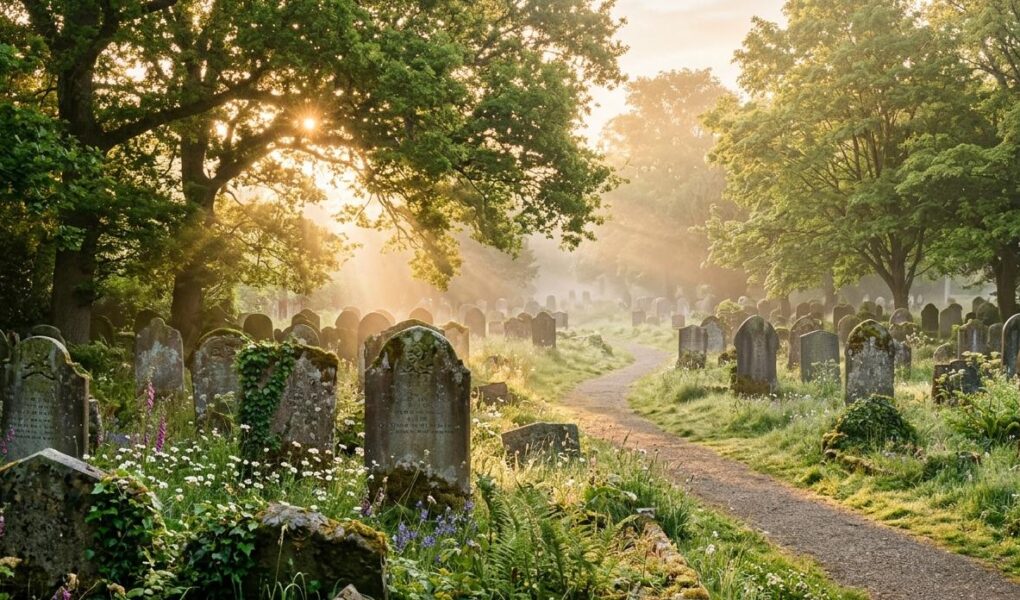 Friedlicher Friedhof im Morgenlicht mit Sonnenstrahlen durch Bäume und Wildblumen zwischen alten Grabsteinen