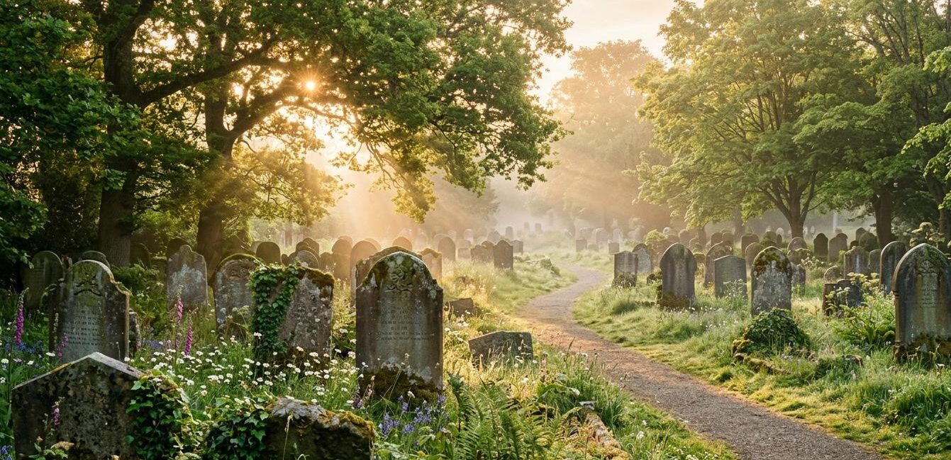 Friedlicher Friedhof im Morgenlicht mit Sonnenstrahlen durch Bäume und Wildblumen zwischen alten Grabsteinen