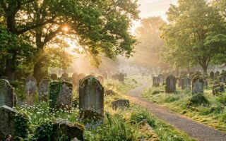 Friedlicher Friedhof im Morgenlicht mit Sonnenstrahlen durch Bäume und Wildblumen zwischen alten Grabsteinen