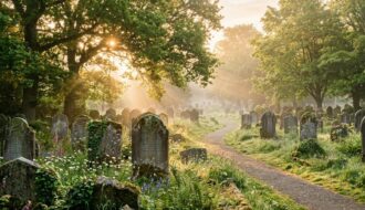 Friedlicher Friedhof im Morgenlicht mit Sonnenstrahlen durch Bäume und Wildblumen zwischen alten Grabsteinen