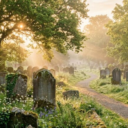 Friedlicher Friedhof im Morgenlicht mit Sonnenstrahlen durch Bäume und Wildblumen zwischen alten Grabsteinen