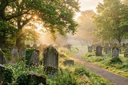 Friedlicher Friedhof im Morgenlicht mit Sonnenstrahlen durch Bäume und Wildblumen zwischen alten Grabsteinen