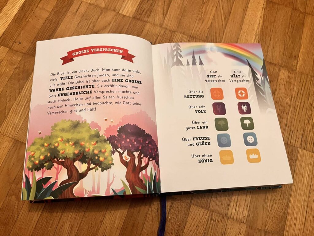 Aufgeschlagene Seite mit Einführung in die fünf Versprechen-Fäden der Kinderbibel – Rettung, Volk, Land, Freude, König
