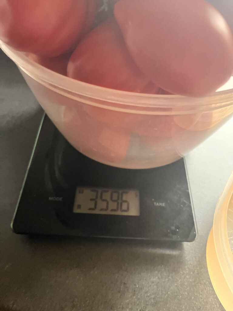 Schüssel mit frisch geernteten Tomaten auf einer Küchenwaage